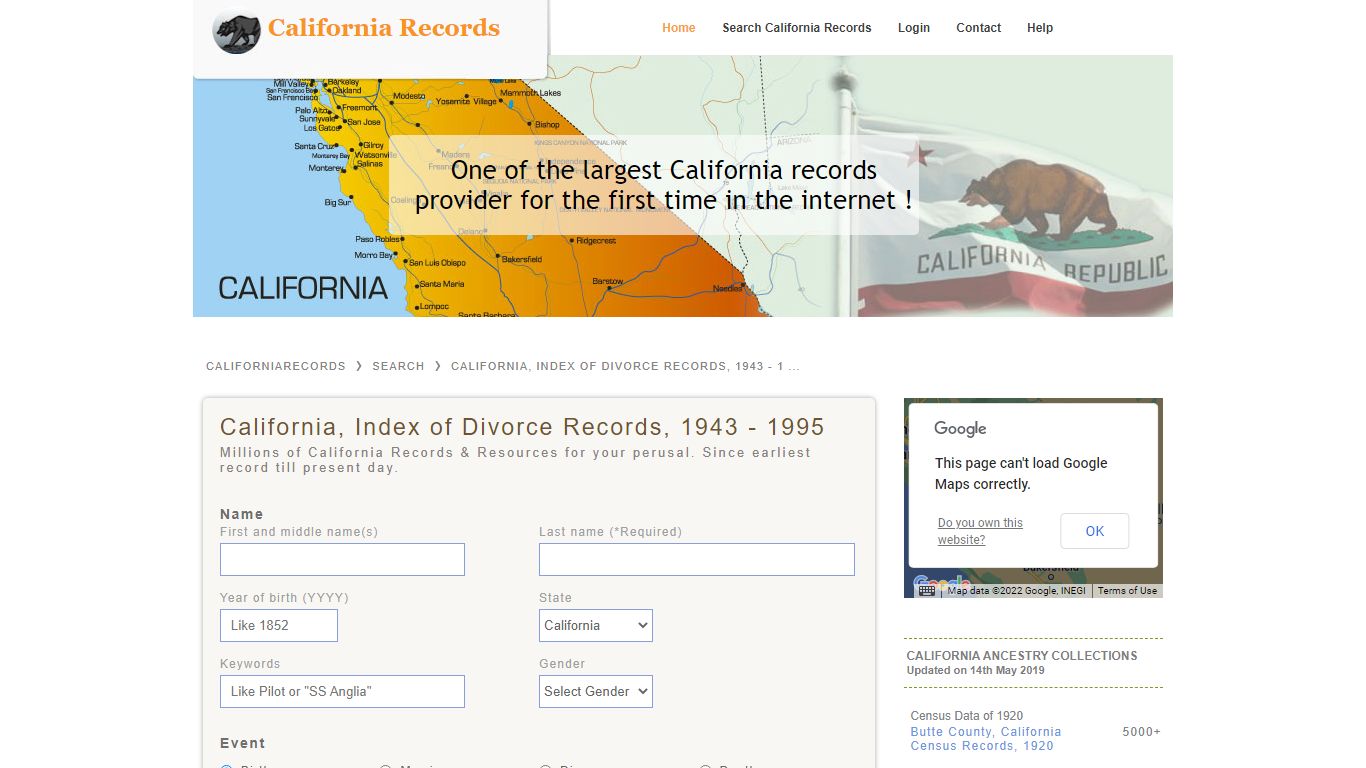 California, Index of Divorce Records, 1943 - 1995 | California Records